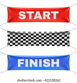 Starting, Finishing, And Checkered Vinyl Banners With Folds. Sport Flag Start And Finish, Banner Checkered For Competition Race. Start Or Finish Sign Illustration Vector Set