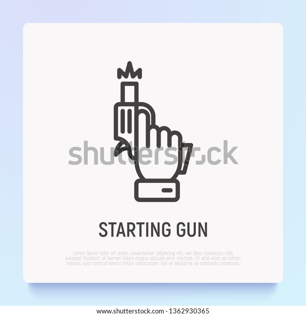 Starting gun: pistol in hand\
shots. Modern vector illustration of sport competition\
beginning.