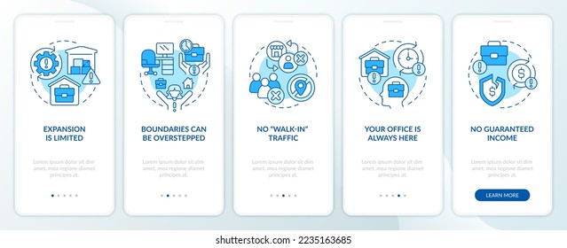 Starting home business caveats blue onboarding mobile app screen. Walkthrough 5 steps editable graphic instructions with linear concepts. UI, UX, GUI template. Myriad Pro-Bold, Regular fonts used