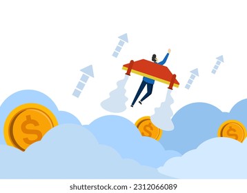 Starting and Increasing Motivation New business concept moving up, how to reach the goal. Concept of reaching destination on jet pack. Flat vector illustration on a white background.
