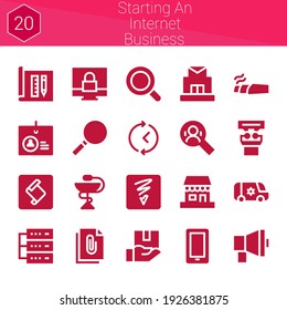 Starten eines Icon-Sets für Internet-Unternehmen. 20 gefüllte Symbole zum Thema starten eines Internet-Business. Sammlung von Van, Architecture, Loupe, Skript-Toolkit erweitern, Skizze von Fotoshop, Postamt