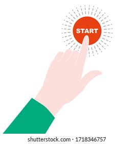 Starting job. Work. Vector hand pushing on button. Business concept. Start button. Vector hand. Switch on.