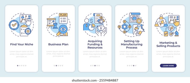 Starting manufacturing business onboarding mobile app screen. Walkthrough 5 steps editable graphic instructions with linear concepts. UI, UX, GUI template