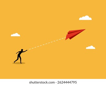 Starting a new business. Businessman playing origami paper plane flying up in the sky