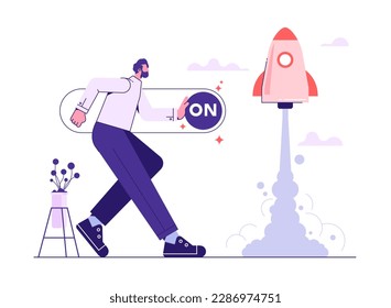 Iniciar un nuevo proyecto de negocio. Proceso de desarrollo. Innovación de productos, ideas creativas. Iniciando lanzamiento, empresa de inicio, botón de ajuste de pulsación de empresario cambiar a posición de encendido