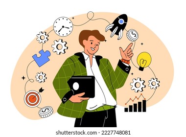 Starting new business. Talented entrepreneur or businessman with idea for new project. Poster or banner for website. Character works with statistics, analyzes. Cartoon flat vector illustration
