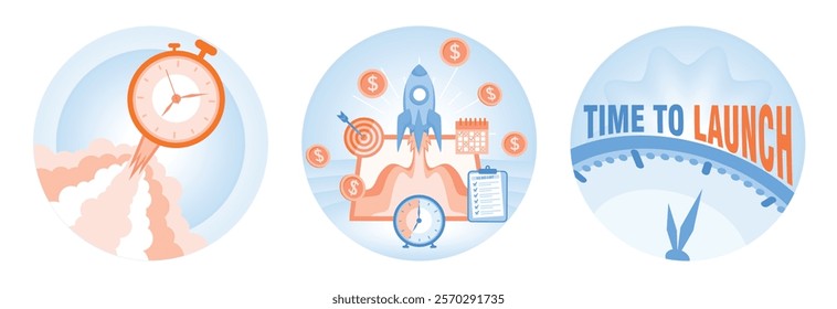 Starting a new business. Task planning and time management. Strategy for achieving success. Time to launch concept. Set flat vector illustration.