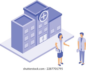 Starting New Health care Facility isometric concept, doctors standing outside of hospital vector icon design, Business Center Open symbol,  Financial Partnership stock illustration 