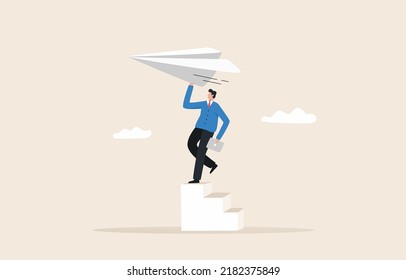 Starting a new job. 
Start a career path. pass on creativity and inspiration. eagerness to succeed. Businessman running  to launch big paper airplane.