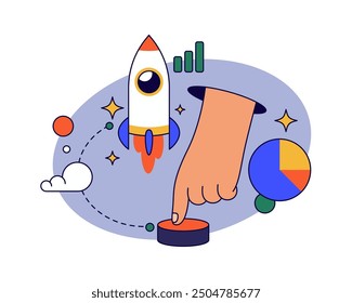 Starting new project or organization, business startup development and deployment. Vector flat hand pressing button to initiate rocket launching. Entrepreneurship and leadership