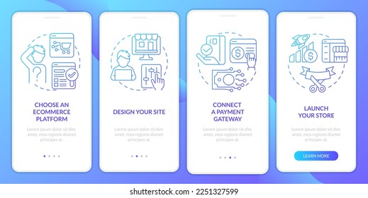 Starting online store blue gradient onboarding mobile app screen. Walkthrough 4 steps graphic instructions with linear concepts. UI, UX, GUI template. Myriad Pro-Bold, Regular fonts used