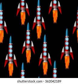 Starting red rocket on black background. Vector illustration. Seamless pattern. 