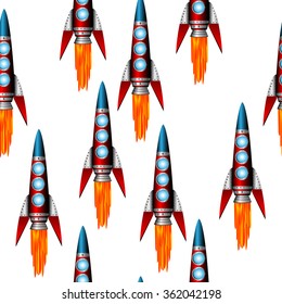 Starting red rocket on white background. Vector illustration. Seamless pattern. 