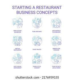 Iniciando el restaurante de negocios conjunto de iconos de concepto de gradiente azul. Camiones de comida y pubs ilustraciones en color de delgada línea. Inicio de planeación. Símbolos aislados. Fuentes Roboto-Medium, Myriad Pro-Bold utilizadas