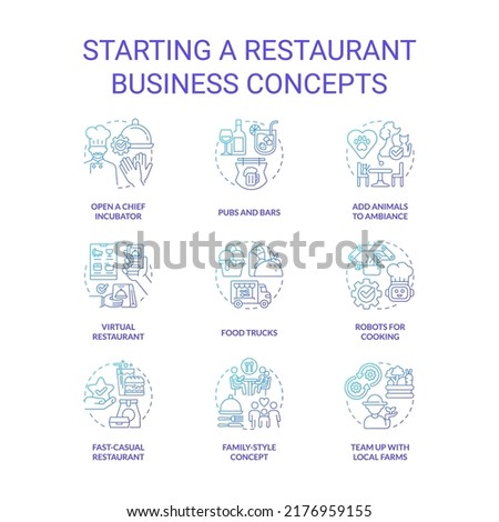 Starting restaurant business blue gradient concept icons set. Food trucks and pubs idea thin line color illustrations. Planning startup. Isolated symbols. Roboto-Medium, Myriad Pro-Bold fonts used