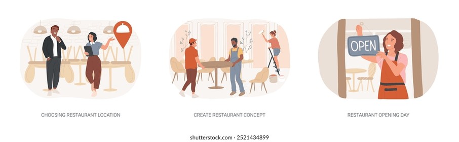 Starting a restaurant business isolated cartoon vector illustrations set. Business partners look for location, choosing place, create bar concept, cafe interior design, opening day vector cartoon.