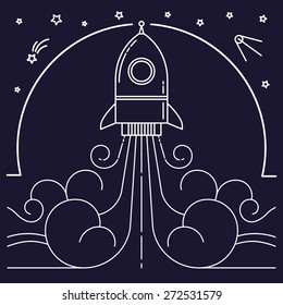 Starting rocket illustration. Graphic design elements in outline style.