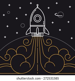 Starting rocket illustration. Graphic design elements in outline style.