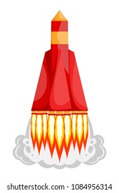 Starting rocket on white background. Red Cartoon style Start-up  launcher reactive space rocket with flame. Space transport. Vector illustration