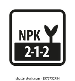 Starting seeds fertilizer instructions vector icon with a seedling in a soil and also nitrogen, phosphorus and potassium numbers.