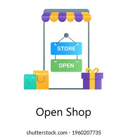 Iniciando aplicación de compras, vector de gradiente de tienda abierta  