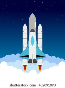 Starting shuttle illustration. Clouds, stars, shuttle and rocket engines set. Flat style.