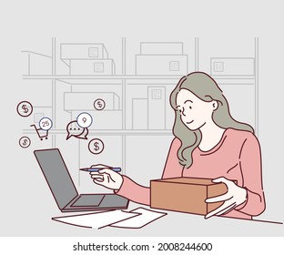 Starting small businesses SME owners female entrepreneurs check online orders to prepare to pack the boxes, business shopping online concept. Hand drawn in thin line style, vector illustrations.
