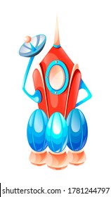 Сartoon starting space rocket, turbine engine, tongues of flame, porthole window, antenna with signal, shuttle spacecraft, flight into universe, orbit launch, radio translation, rocket satellite dish