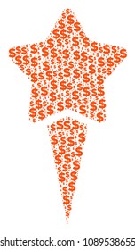 Starting star mosaic of dollars and round dots. Vector banking pictograms are united into starting star illustration.