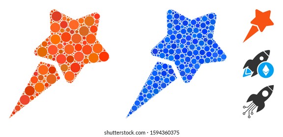Starting star mosaic of small circles in different sizes and color hues, based on starting star icon. Vector small circles are united into blue composition.