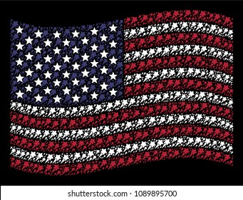 Starting star pictograms are arranged into waving United States flag mosaic on a dark background. Vector composition of USA state flag is created with starting star elements.