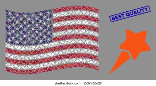 Starting star symbols are combined into United States flag mosaic with blue rectangle grunge stamp seal of Best Quality caption. Vector collage of USA waving flag is designed of starting star items.