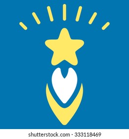 Starting Star vector icon. Style is bicolor flat symbol, yellow and white colors, rounded angles, blue background.