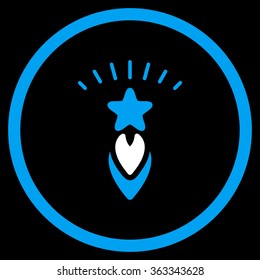 Starting Star vector icon. Style is bicolor flat circled symbol, blue and white colors, rounded angles, black background.