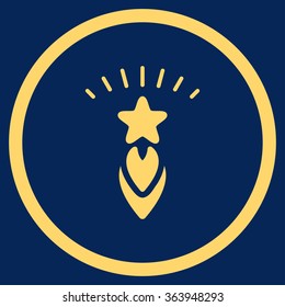 Starting Star vector icon. Style is flat circled symbol, yellow color, rounded angles, blue background.