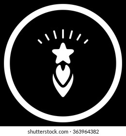 Starting Star vector icon. Style is flat circled symbol, white color, rounded angles, black background.