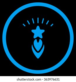 Starting Star vector icon. Style is flat circled symbol, blue color, rounded angles, black background.