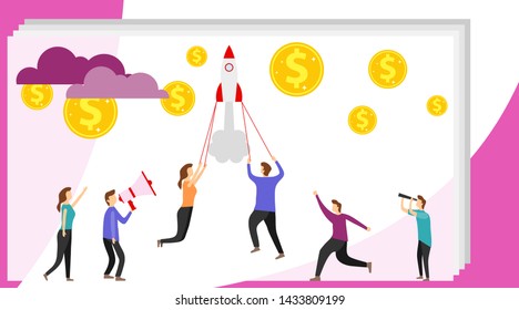 Starting a startup. The rocket pulls people up behind them. Vector illustration a group of people characters are thinking over an idea. Prepare a business project start up.