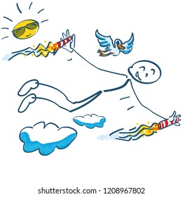 Starting stick figure with two small rockets flying through the clouds