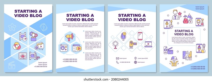 Starting video blog brochure template. Create video content. Flyer, booklet, leaflet print, cover design with linear icons. Vector layouts for presentation, annual reports, advertisement pages