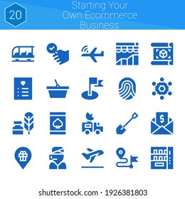 starting your own ecommerce business icon set. 20 filled icons on theme starting your own ecommerce business. collection of Writing tool, Placeholder, Van, Fingerprint, Take off