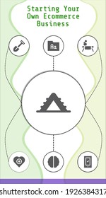starting your own ecommerce business editable infographic template with icons of Brain, Shovel, Table, Ladder, Health, Folder, Smartphone