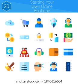 starting your own online boutique icon set. 20 flat icons on theme starting your own online boutique. collection of delivery man, audiobook, website, controller, wallet