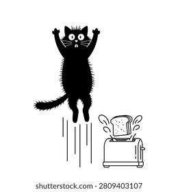 A startled black cat leaps into the air with wide eyes as a slice of toast pops out of a toaster, depicted in a humorous vector style