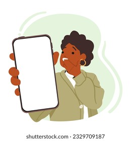 Startled Black Woman Holding Smartphone, Her Face Displaying A Mixture Of Surprise And Disbelief As She Looks At The Screen. Shocked Female Character with Phone. Cartoon People Vector Illustration