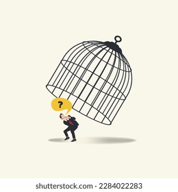 Startled businessman looking at big cage vector illustration