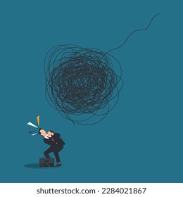 Startled businessman looking at big scribble roll. Businessman with many problems vector illustration