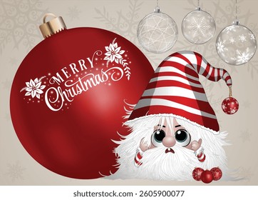 A startled figure in a red-striped hat standing next to a festive bauble with a Christmas message.