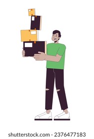 Startled man carrying stacked boxes line cartoon flat illustration. Troubled indian guy holding cardboard 2D lineart character isolated on white background. Moving stress scene vector color image