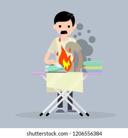 Startled, the man stroked the sheets. Fire with flame and iron. Careless handling of household appliances. Short circuit. Dangerous situation
